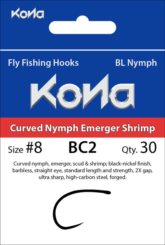 Kona Barbless Curved Nymph Emerger Shrimp (BC2) hook